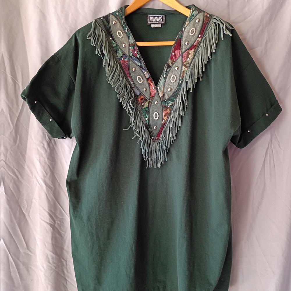 The Original Hang-Ups Deep Green V-Neck Fringe Tunic with Multicolor Embroidery